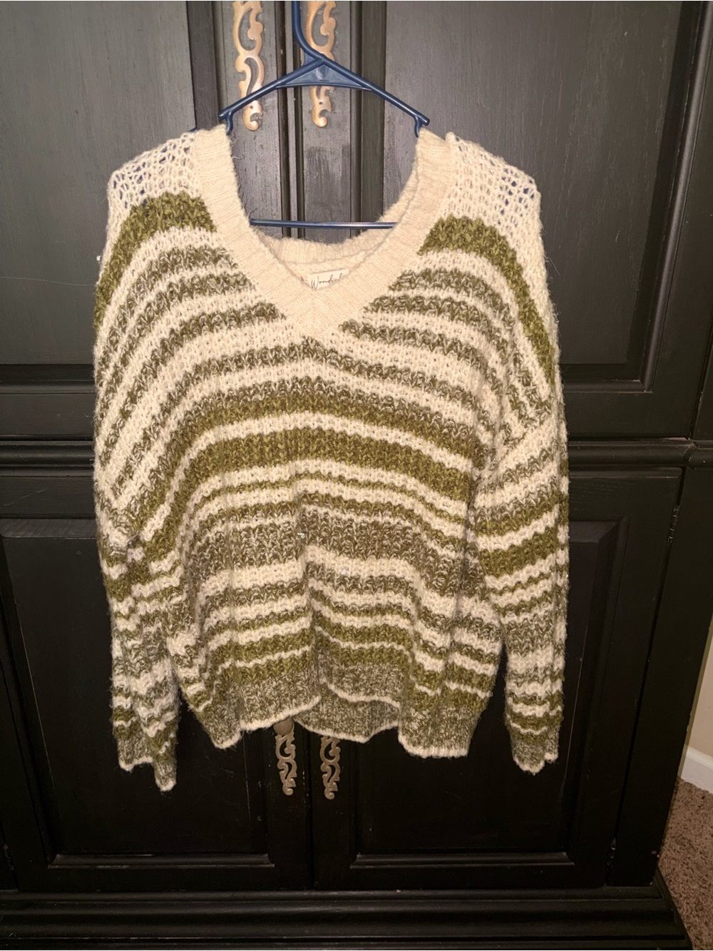 Wonderly Olive & Cream Striped V-Neck Sweater
